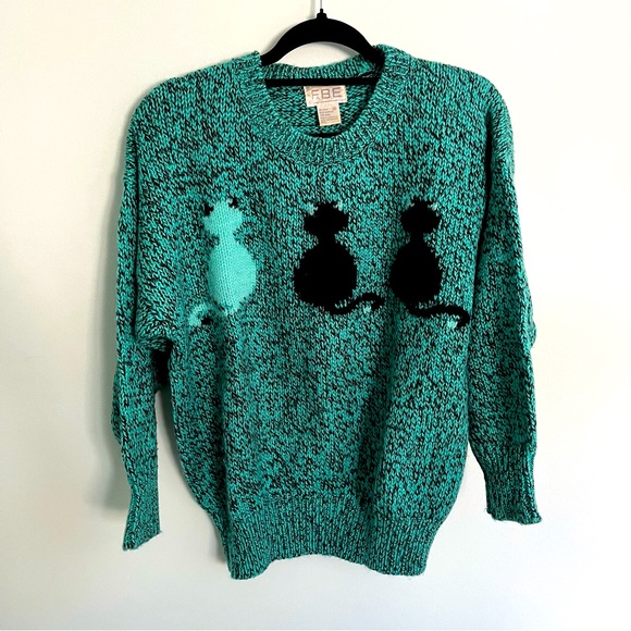 Vtg. 1980’s FaBE Cat Sweater, Sz M Acrylic/Wool Blend Teal W/ Black Cat Novelty - Picture 1 of 11